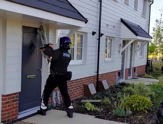 Cops used a chainsaw to cut down a drug suspect’s door in Bishops Stortford as part of Essex and Herts raids targeting local dealers and safeguarding the public.
