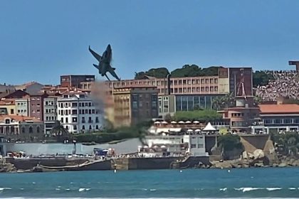 An EF-18 pilot narrowly avoided disaster at Spain's Gijón Air Show, pulling up just meters from a crowded beach after spotting birds. The crowd watched in stunned silence.