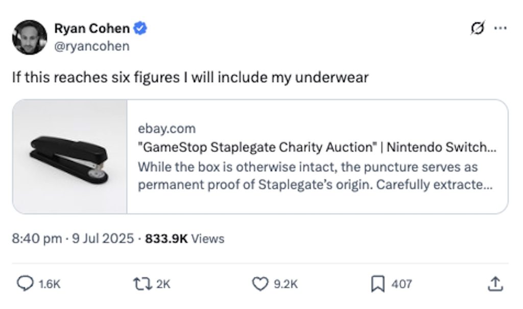 The stapler that damaged Nintendo Switch 2 consoles sold for $250,000 at auction along with a repaired console and GameStop CEO Ryan Cohen's underwear. Proceeds go to charity.