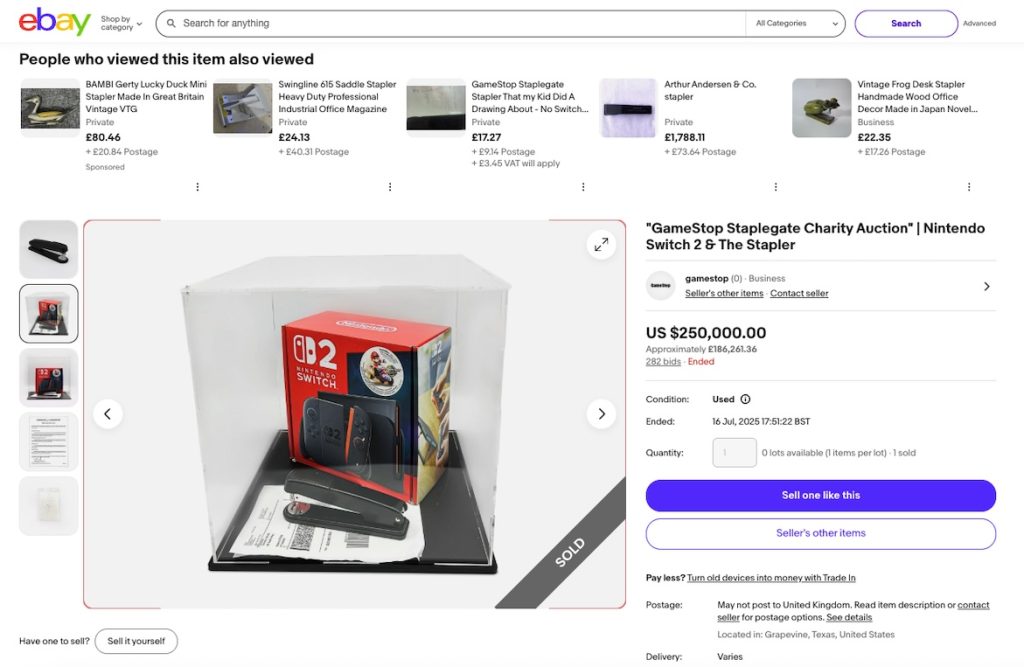 The stapler that damaged Nintendo Switch 2 consoles sold for $250,000 at auction along with a repaired console and GameStop CEO Ryan Cohen's underwear. Proceeds go to charity.