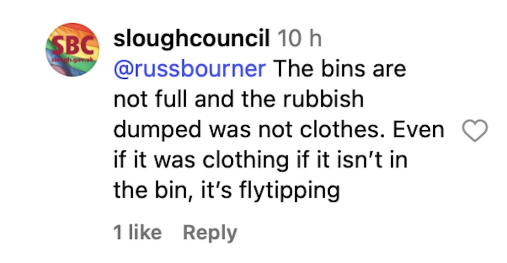Social media comment on the post of Well-meaning donors face £1,000 fines for leaving bags by charity bins in Slough - as the council warns even clothes left outside containers count as fly-tipping.