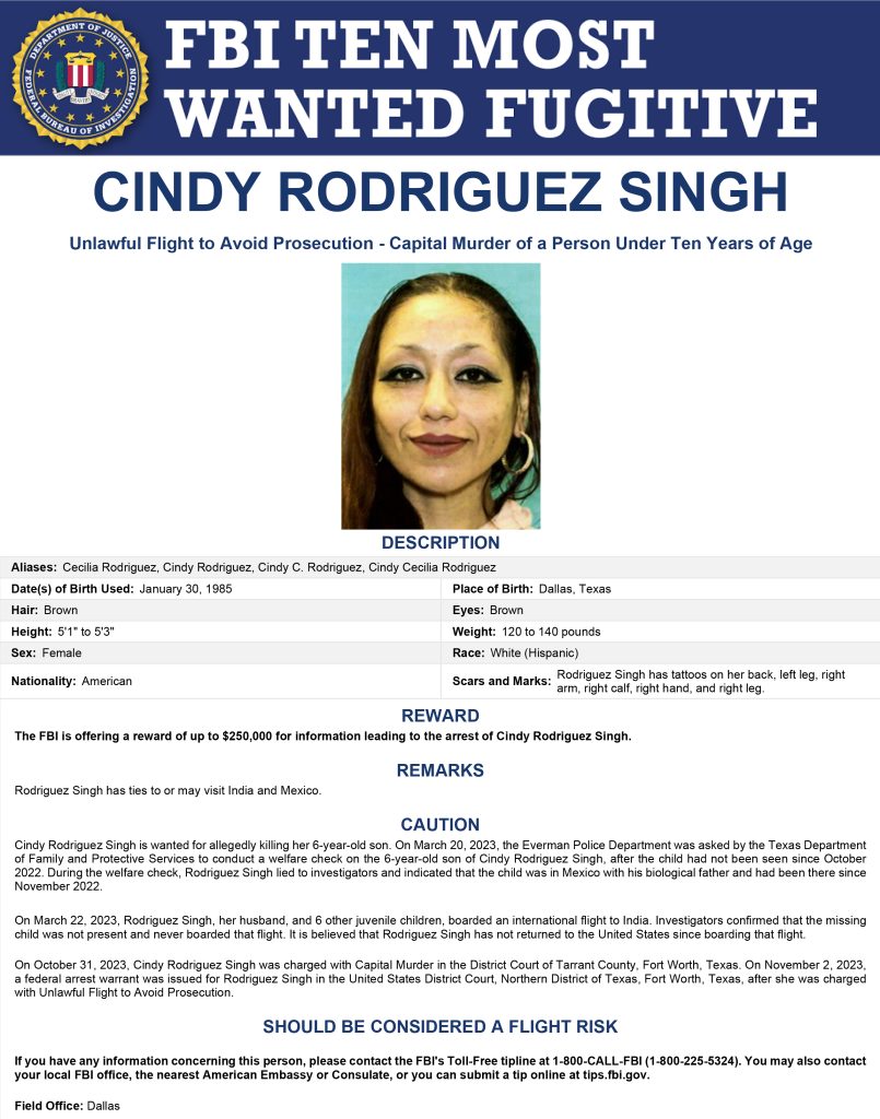Texas mum Cindy Rodriguez Singh added to FBI’s Most Wanted List after son Noel Alvarez vanished in 2022, with $250k reward offered for her arrest in murder case.