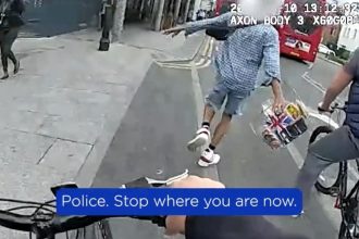 Posh shoplifter busted in Romford after M\&S theft as Met Police on toy store bikes built by Smyths chase him down and make arrest to applause from locals.