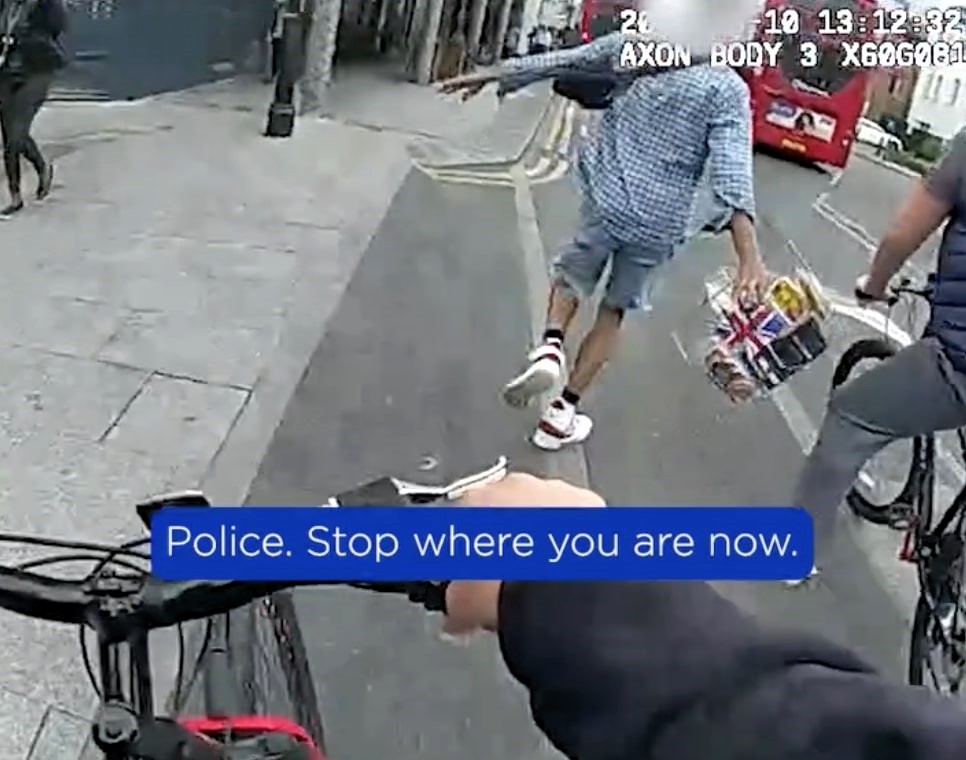 Posh shoplifter busted in Romford after M\&S theft as Met Police on toy store bikes built by Smyths chase him down and make arrest to applause from locals.