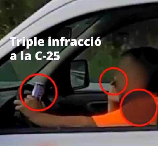 A van driver in Spain stunned police after being caught on camera committing three offences at once - no seatbelt, drinking from a can, and using a phone while driving.