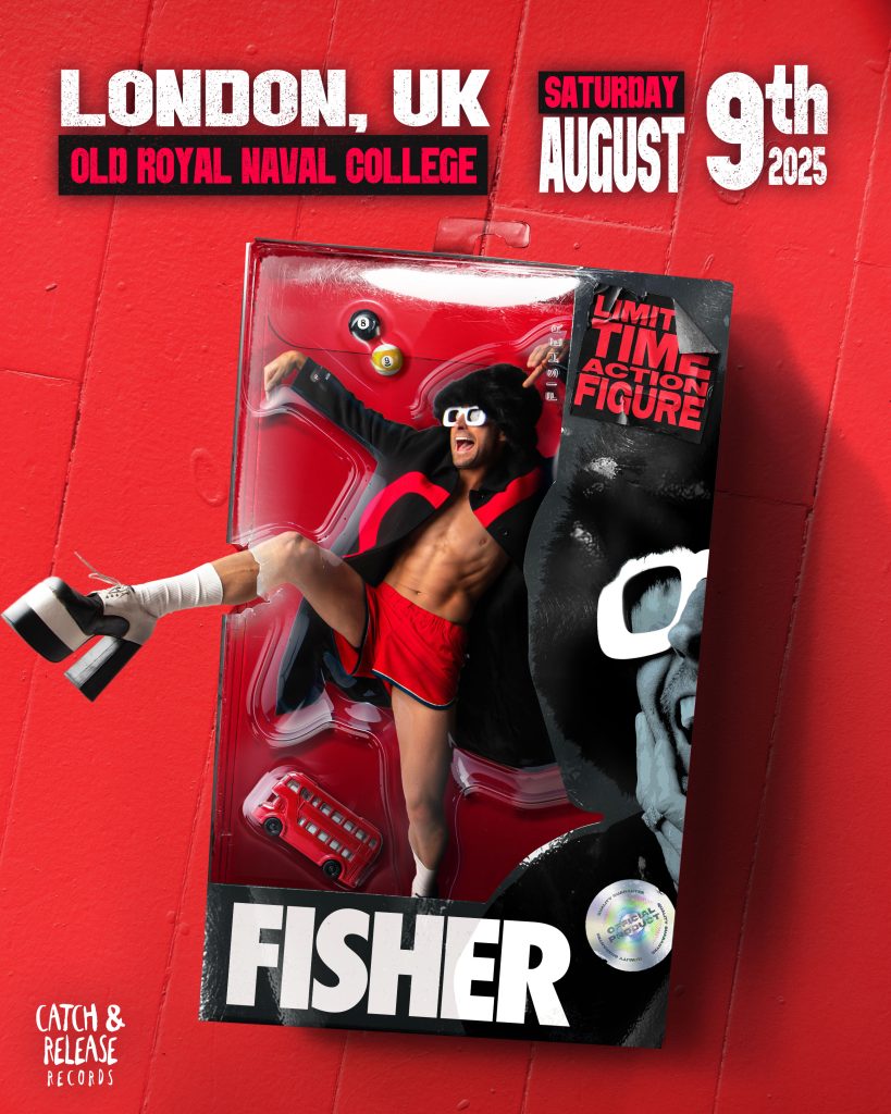 Festival ad of the artist FISHER as an action figure on a red background