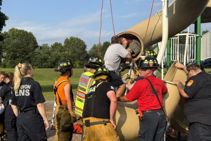 Man trapped in children’s playground slide cut free by firefighters in sweltering heat dome at a Connecticut school - rescue leaves slide destroyed just before term.