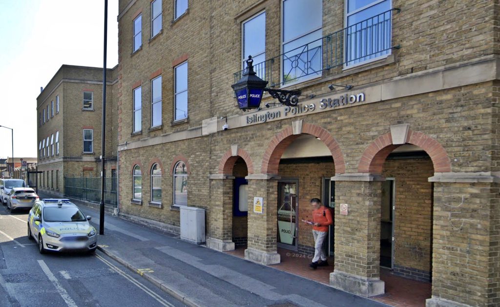 Brazen shoplifters strolled out of H&M in Islington with £400 of clothes just yards from a police station before being stopped by officers at a nearby bus stop.