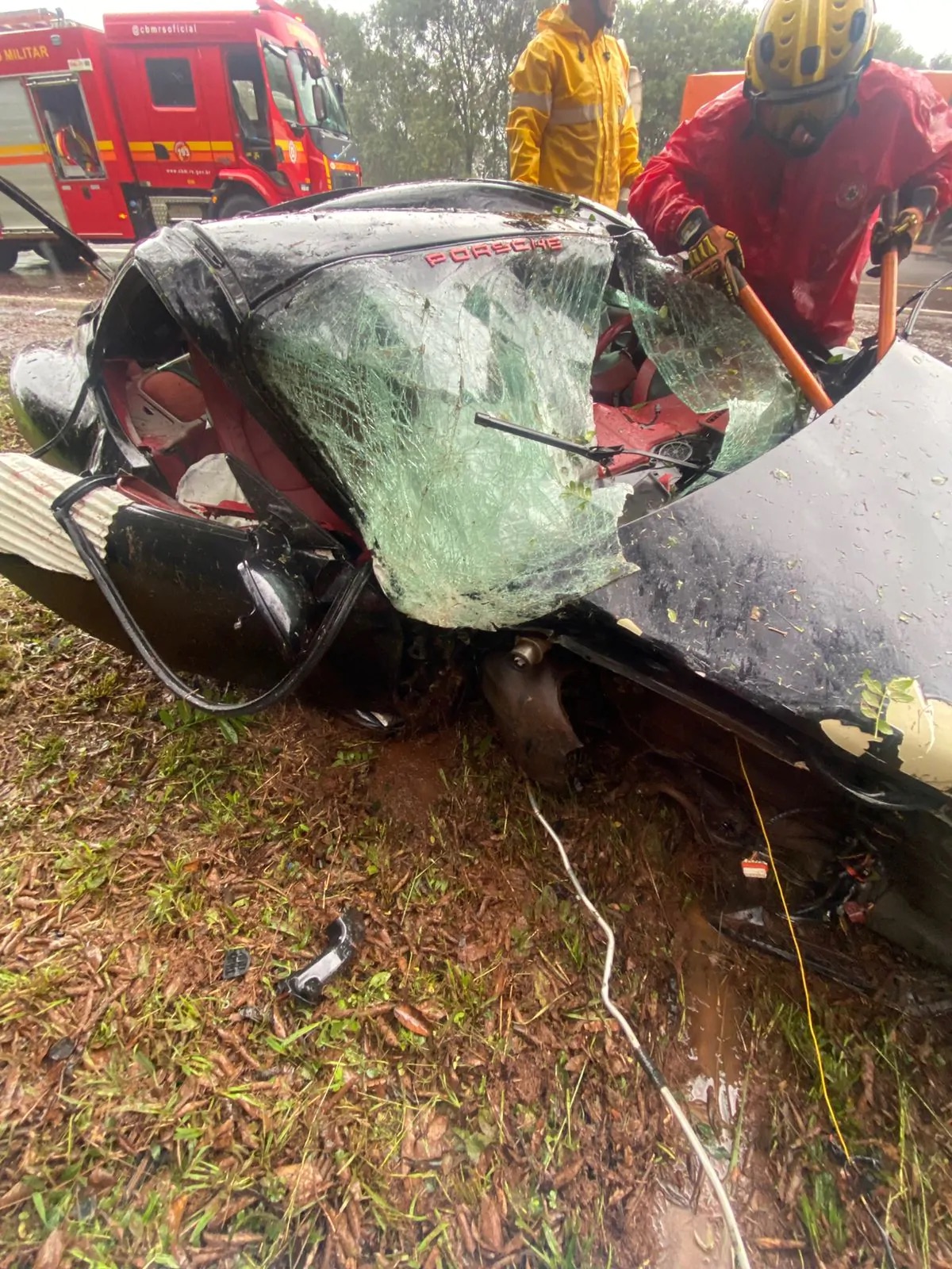 Businessman Jonas Stefanello, 45, died in a crash just hours after picking up his new Porsche Cayman S in Brazil - the father of one lost control in heavy rain and hit a tree.