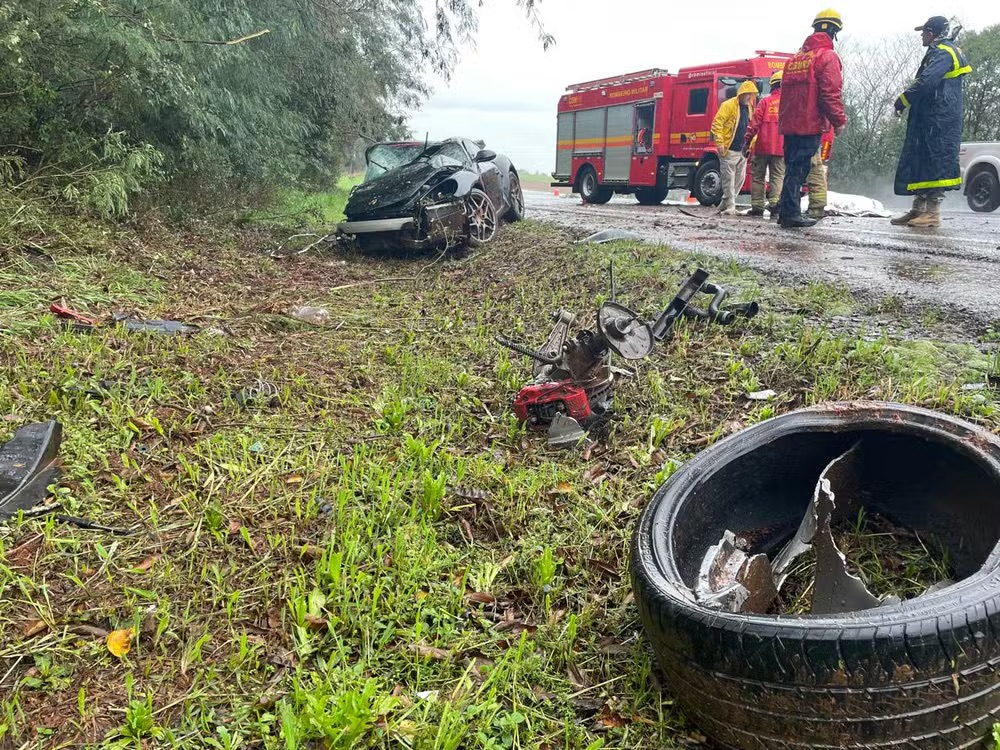 Businessman Jonas Stefanello, 45, died in a crash just hours after picking up his new Porsche Cayman S in Brazil - the father of one lost control in heavy rain and hit a tree.