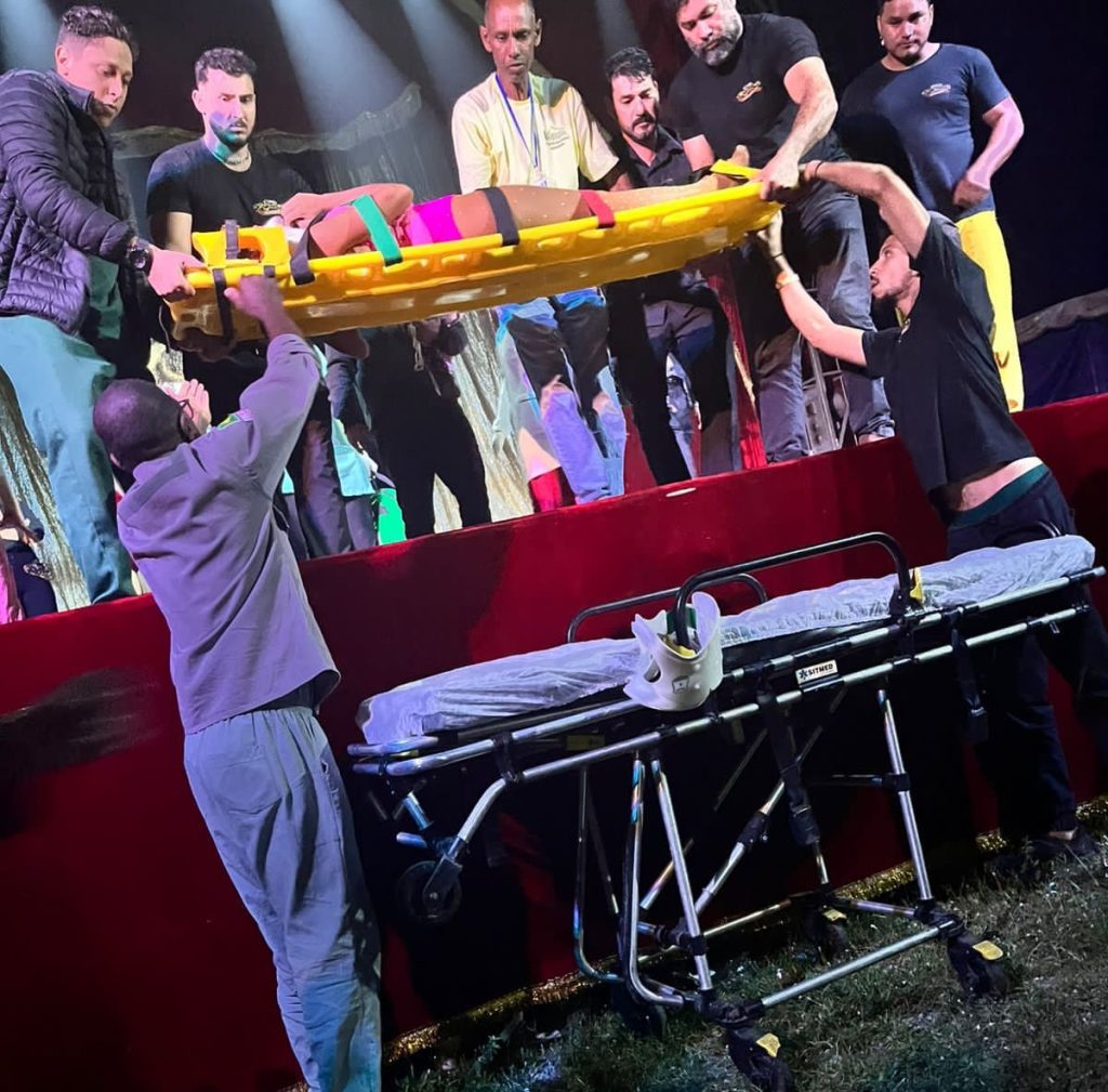 Circus acrobat plunges during hair hanging act in Brazil - Aliane Dias rushed to hospital after shocking fall but thankfully survives and is now recovering well.