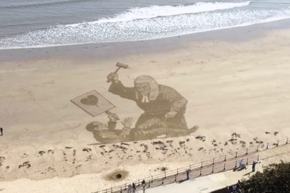 Artist creates Banksy tribute on Scarborough beach - Fred Brown’s sand art recreates the removed Royal Courts of Justice piece and leaves locals stunned and impressed.