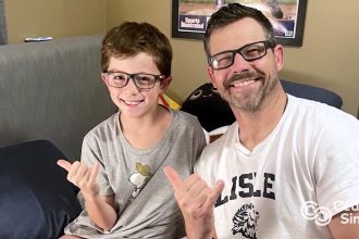 Brave 9 year old Stephen Mondek became one of the youngest stem cell donors to save his dad Nick from deadly leukaemia after a gruelling life saving procedure in Los Angeles.