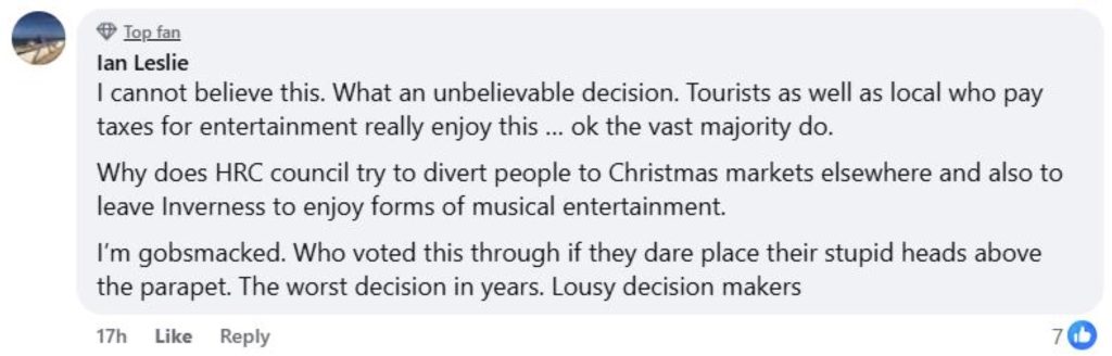Social media comment on the post of Fury in Inverness as iconic Red Hot Highland Fling Hogmanay party scrapped - cost of living crisis ends 15-year tradition that drew thousands for Scotland’s biggest NYE bash.
