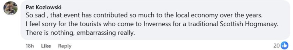 Social media comment on the post of Fury in Inverness as iconic Red Hot Highland Fling Hogmanay party scrapped - cost of living crisis ends 15-year tradition that drew thousands for Scotland’s biggest NYE bash.
