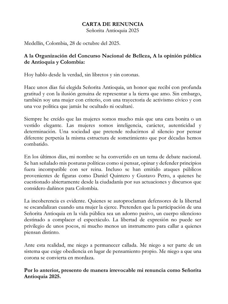 Miss Colombia contestant Laura Gallego Solís quit the pageant after backlash over comments asking which politicians should be shot, defending her right to speak her political views.