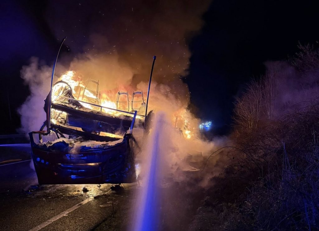 A double-decker bus burst into flames on the A30 between Launceston and Bodmin, Cornwall - firefighters tackled the huge blaze as thick smoke caused major travel disruption.