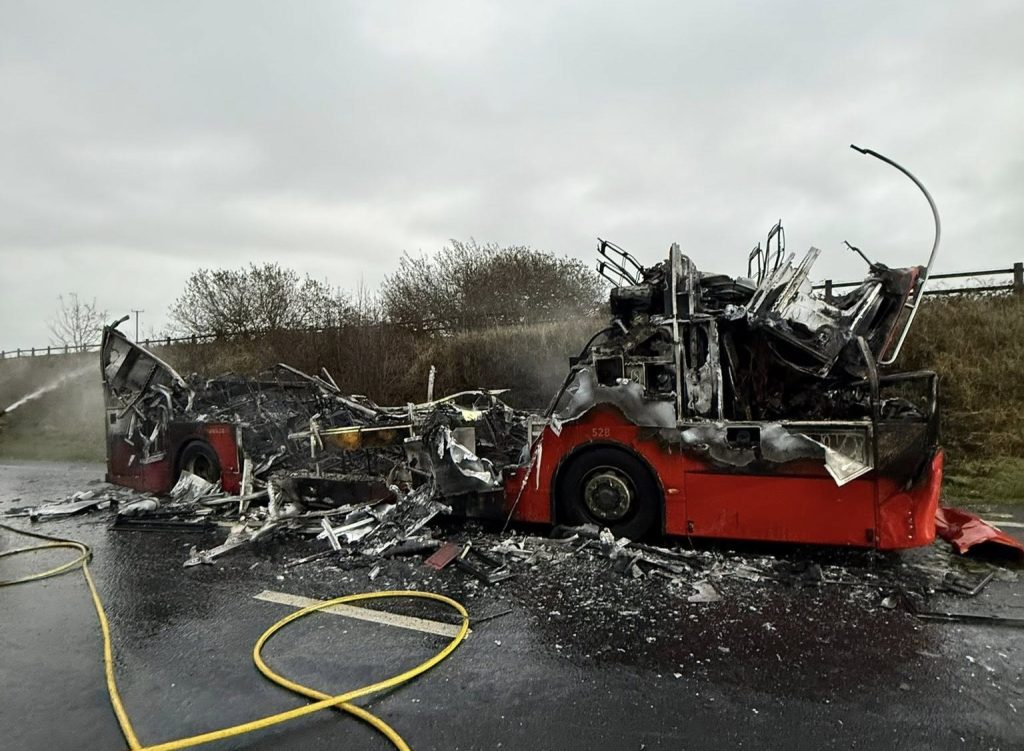 A double-decker bus burst into flames on the A30 between Launceston and Bodmin, Cornwall - firefighters tackled the huge blaze as thick smoke caused major travel disruption.