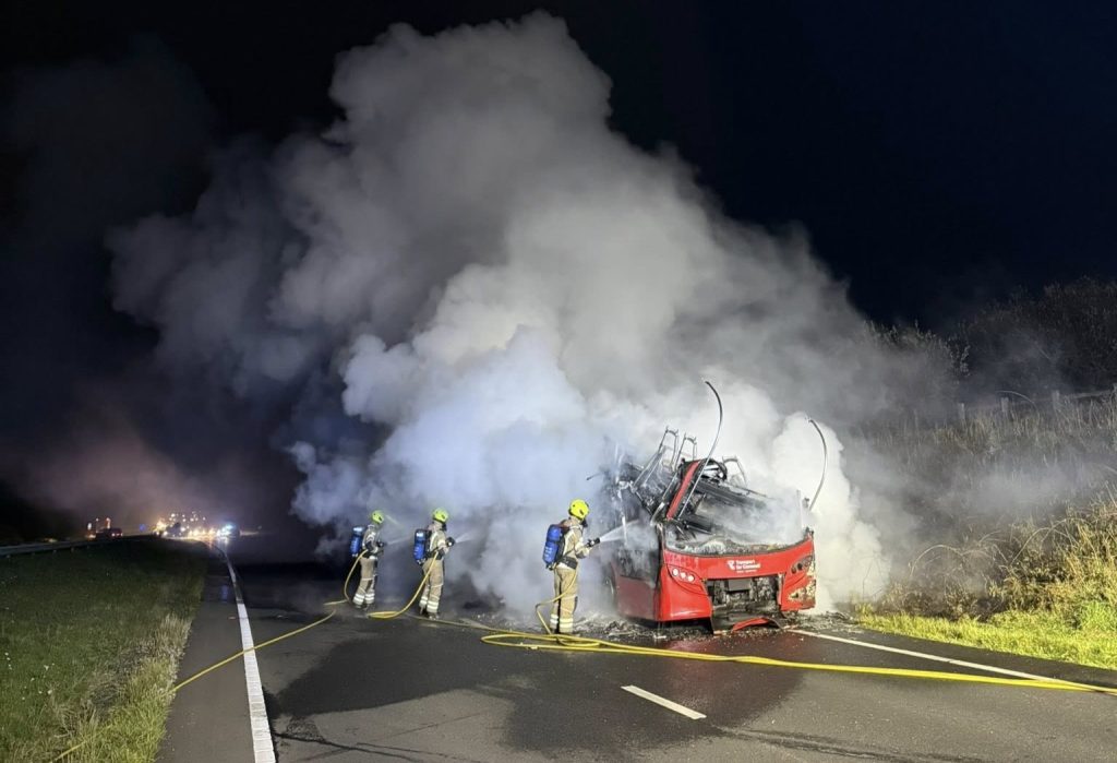 A double-decker bus burst into flames on the A30 between Launceston and Bodmin, Cornwall - firefighters tackled the huge blaze as thick smoke caused major travel disruption.