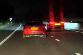A swerving Ford Focus was caught on the M54 veering dangerously and nearly hitting the central reservation as shocked drivers called police over the reckless motorway scare.