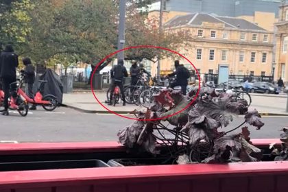 A masked gang armed with power tools were filmed stealing bikes in broad daylight in Edinburgh’s St Andrew Square, using an angle grinder as passers-by watched before fleeing on e-bikes.