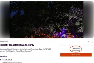 Nudists will party under the stars at a secret £45 Halloween rave near Trent Park Golf Course where masks are the only dress code for a night of forest euphoria and music.