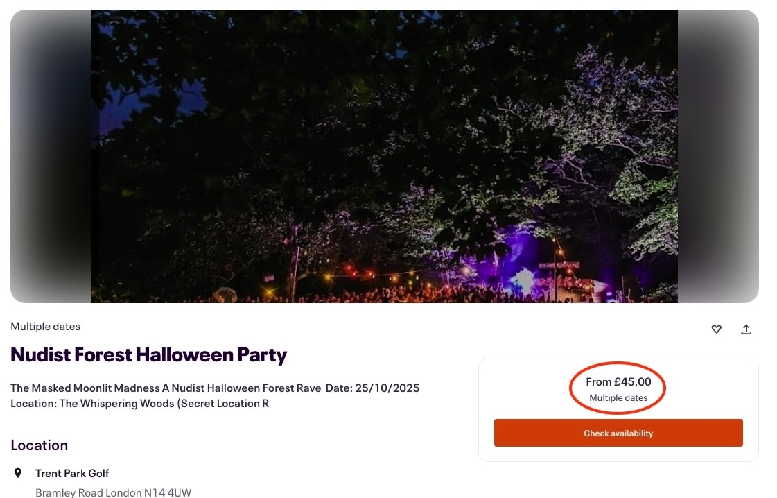 Nudists will party under the stars at a secret £45 Halloween rave near Trent Park Golf Course where masks are the only dress code for a night of forest euphoria and music.