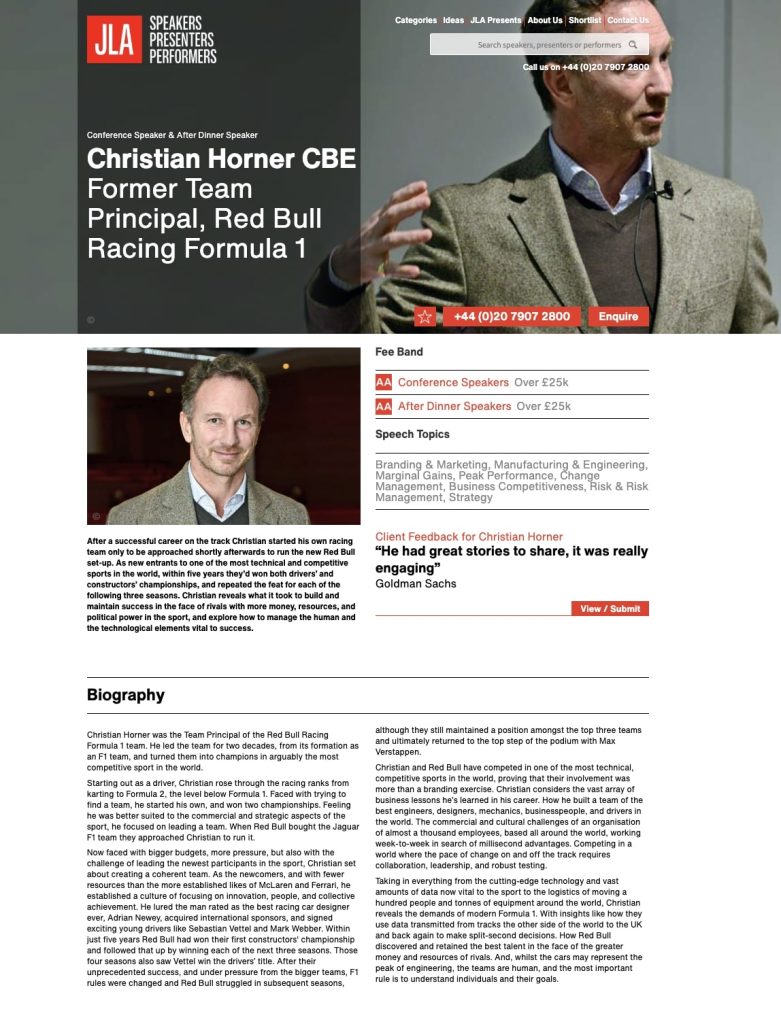 Christian Horner now charges over £25k for after dinner speeches after his Red Bull exit. The ex F1 boss shares stories of success, leadership and resilience at events.