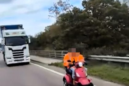 Drivers were stunned as an elderly man was spotted riding a mobility scooter on the A21 motorway in Kent - dashcam footage of the shocking moment has gone viral online.