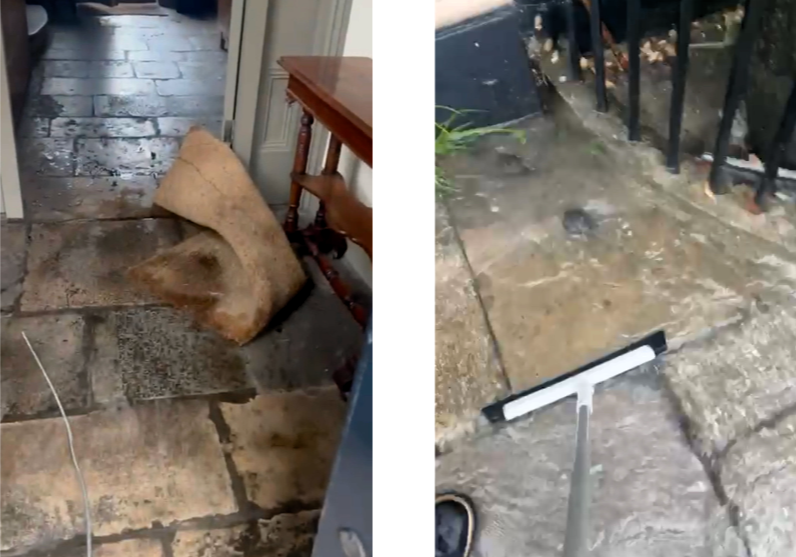 A homeowner in Lewes battled rising floodwater with a squeegee as Storm Claudia brought blocked drains heavy rain and a month’s worth of downpours in 24 hours across parts of Britain.