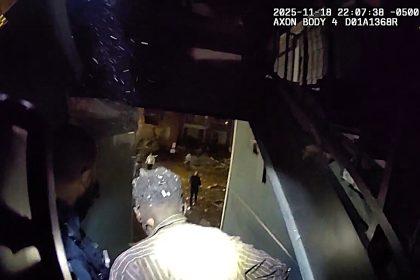 Atlanta police rescue man trapped in rubble after gas explosion destroys half an apartment block as officers race into danger and free the burned victim amid debris and fire.