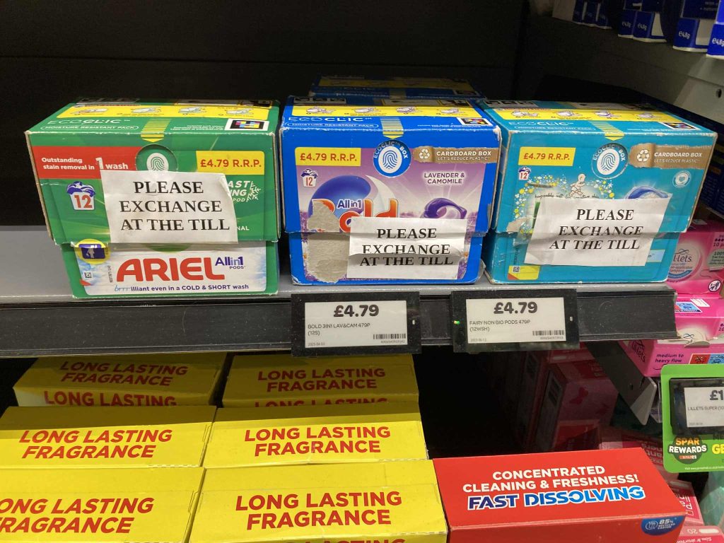 Spar forced to use empty bottles to stop detergent thefts in Burnley store. Thieves target cheap washing products as shop installs facial recognition to catch crooks.