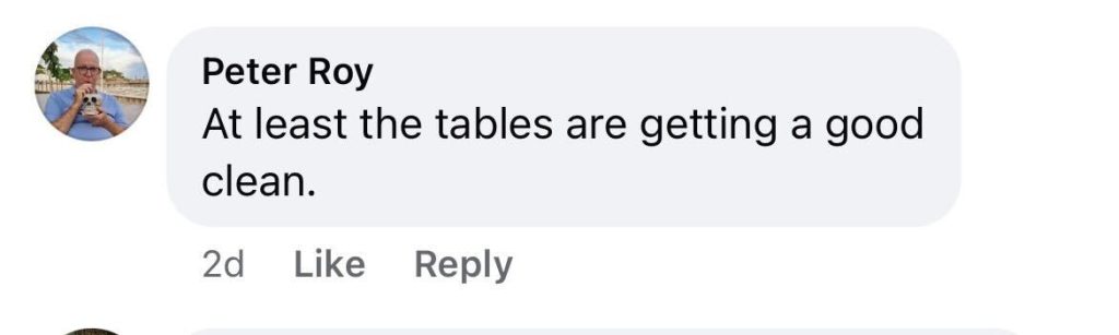 Social media comment on the post of Storm Bram sends a massive wave crashing over a coastal pub drenching beer garden drinkers and sweeping furniture as The Inn on The Beach warns visitors to enjoy the weather at their own risk.