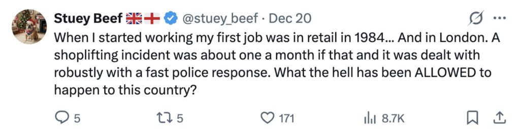 Social media comment on the post of Brazen thief stuffs bag and arms with Greggs food then walks out in Coventry as shoppers film shock anger grows over shoplifting police and contacted.