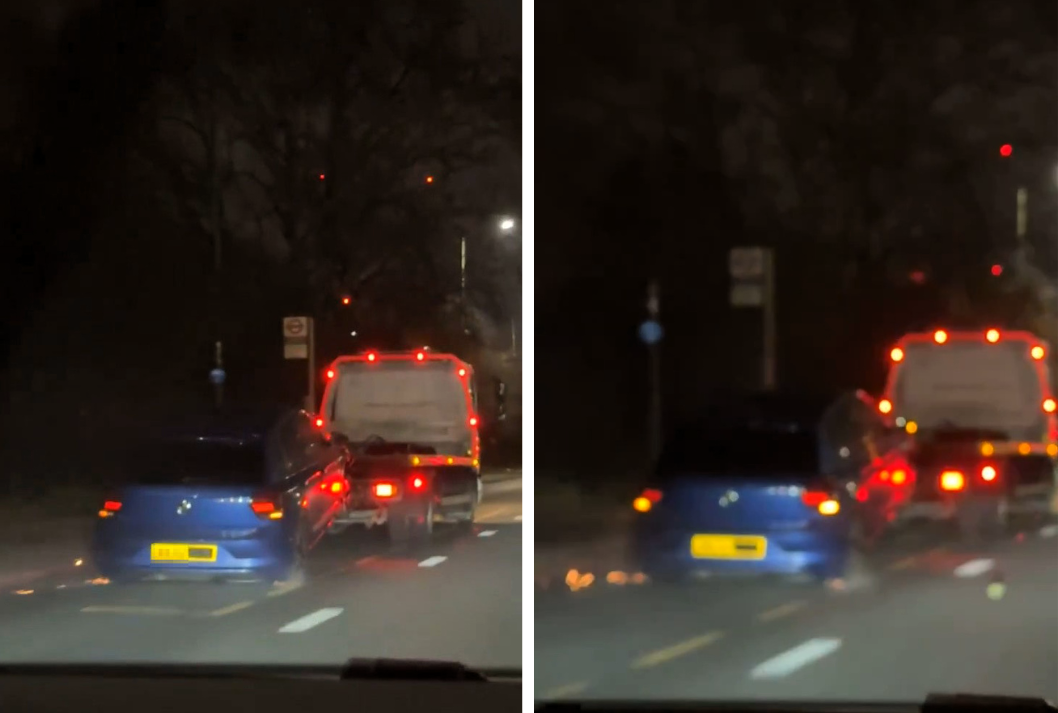 BMW towed along North Circular on bare rims as sparks fly from worn tyres leaving drivers stunned and raising safety fears after shocking roadside footage emerges.