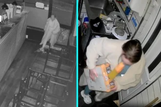 A burger restaurant was burgled twice in one night, with CCTV capturing a woman in a robe stealing a crate of Irn-Bru after two masked men smashed the door earlier.