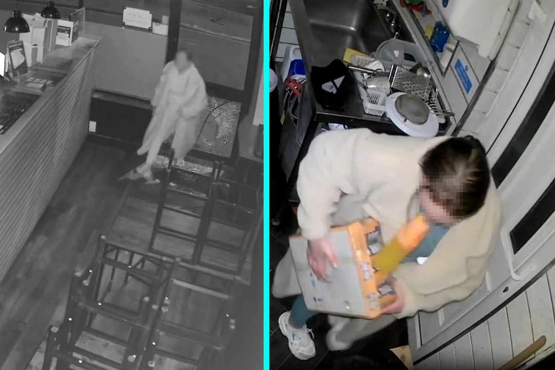 A burger restaurant was burgled twice in one night, with CCTV capturing a woman in a robe stealing a crate of Irn-Bru after two masked men smashed the door earlier.