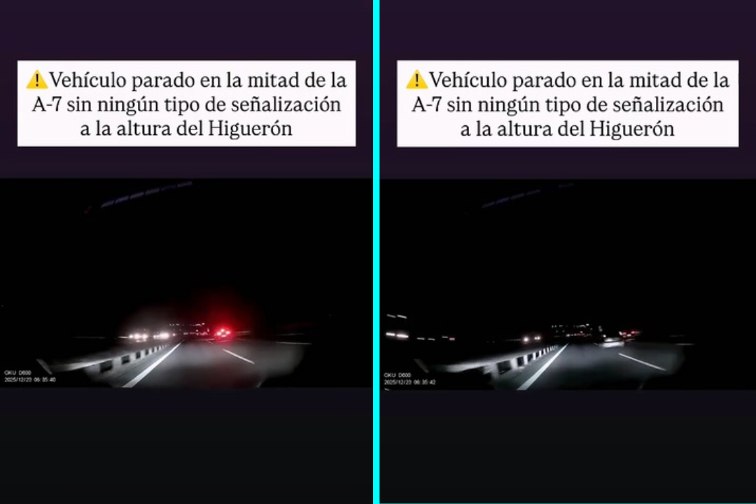 Dashcam footage captured drivers narrowly avoiding a dark car stopped in the middle of a Spanish motorway at night with no hazard lights, causing multiple near-misses on Costa del Sol's A-7.
