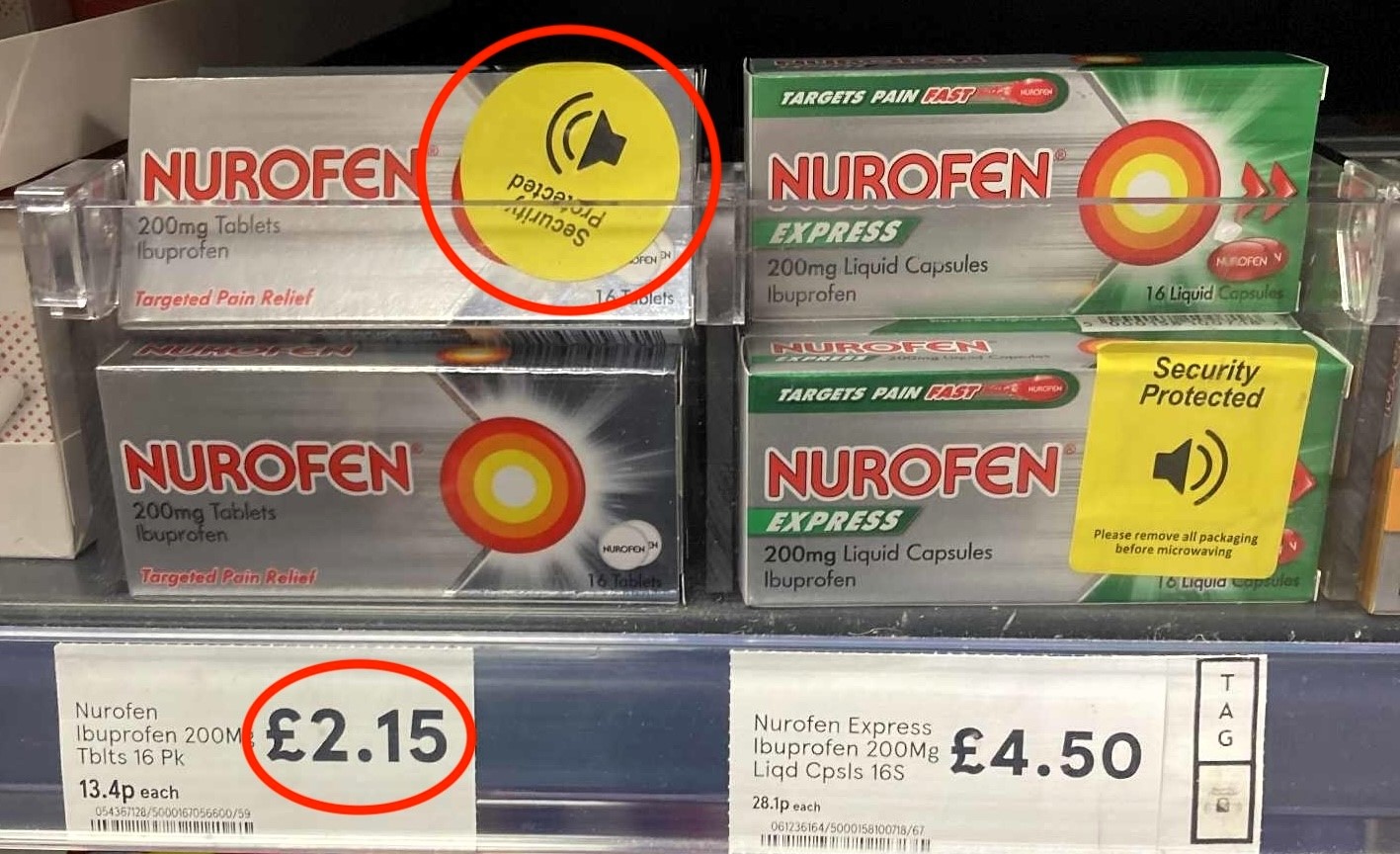 Tesco started security tagging cold and flu remedies priced from just £2.15 after shoplifting surged, with Nurofen, Lemsip and other medicines now requiring staff removal at a Blackpool store.