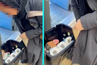 Shoplifter caught hiding jam, eggs and toilet rolls worth over £10 in a secret skirt compartment at London Co-op before launching foul-mouthed tirade at staff member.