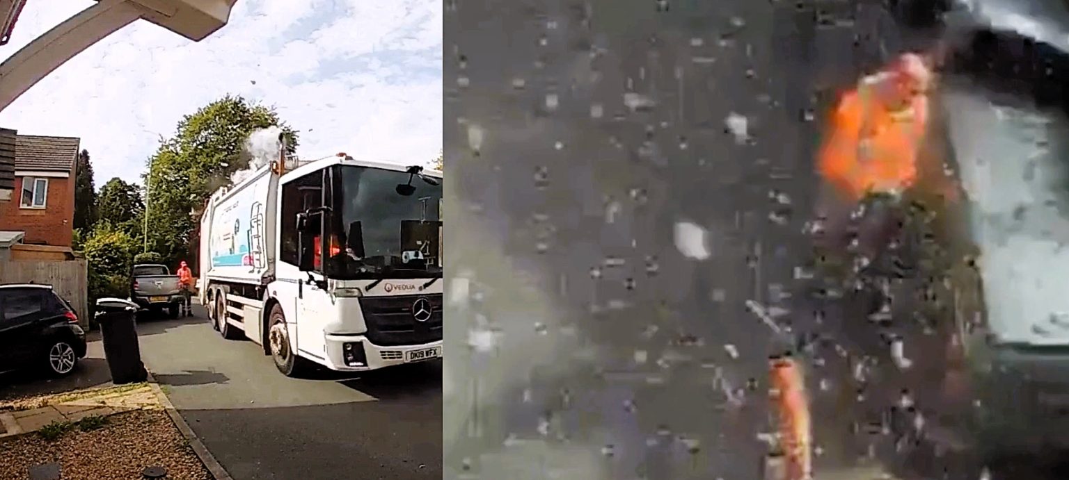 Binman narrowly avoids injury after fire extinguisher explodes inside waste lorry sending shrapnel flying as council warns over dangerous disposal practices risks today.