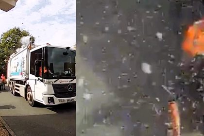 Binman narrowly avoids injury after fire extinguisher explodes inside waste lorry sending shrapnel flying as council warns over dangerous disposal practices risks today.