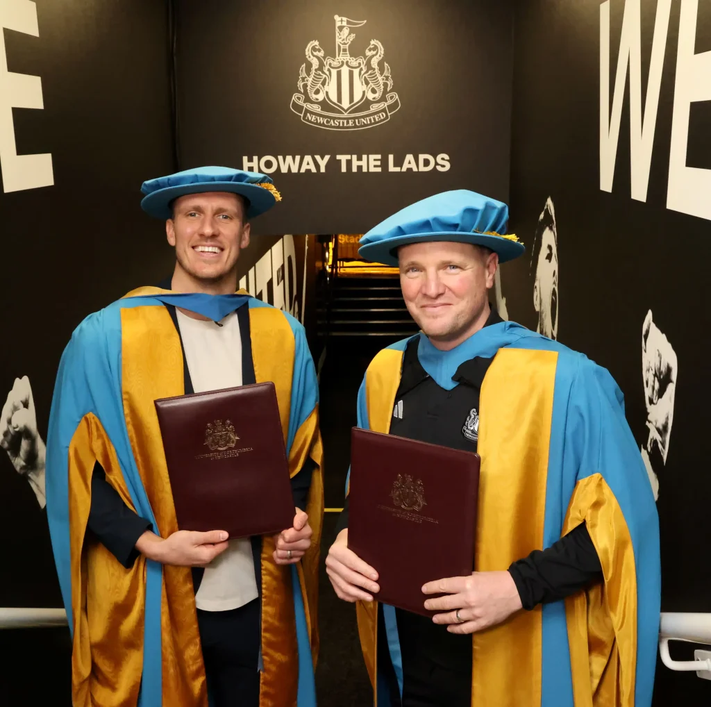 Eddie Howe and Dan Burn receive honorary degrees from Northumbria University after Newcastle’s landmark Carabao Cup win celebrating their community work and impact across the North East.
