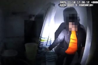 Police officer gets a jump scare after finding a suspect hiding motionless behind a shower curtain in a dark basement bathroom with viral footage compared to Stranger Things.