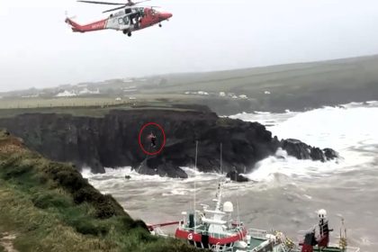Fourteen sailors are rescued by helicopter after a French trawler is driven onto rocks in stormy seas near Dingle Harbour during a dramatic multi agency operation.