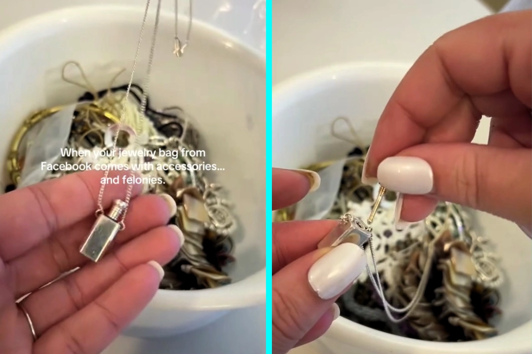 A student buying a mystery jewellery bundle on Facebook found a silver bottle necklace containing suspected drug residue, though viewers insisted it was actually designed to hold perfume.