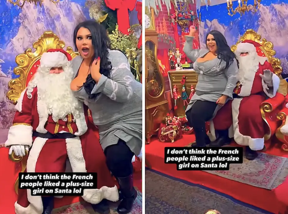 Plus size influencer sparks viral debate after sitting on Santas lap in Europe as shocked bystanders stare prompting conversations about body confidence beauty standards and acceptance abroad.