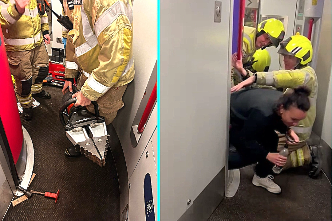 Severely claustrophobic Robin Smith trapped in train toilet for nearly 2 hours. Firefighters cut through door to rescue her after she almost fainted twice.