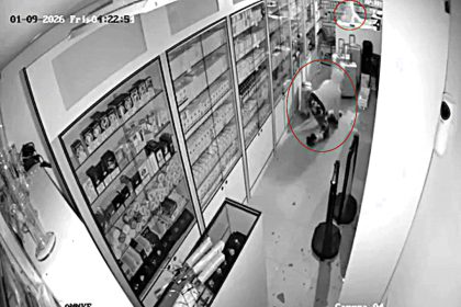 Audacious crooks raid vape and phone shop as alarm blares, smashing shutters and grabbing loot on CCTV before fleeing Kilburn High Road in early hours.