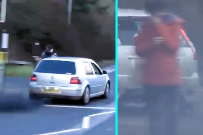 Boy racer in modified VW Golf covers woman in black exhaust fumes in Alderley Edge - posh village home to Ronaldo, Beckham and Man United stars.